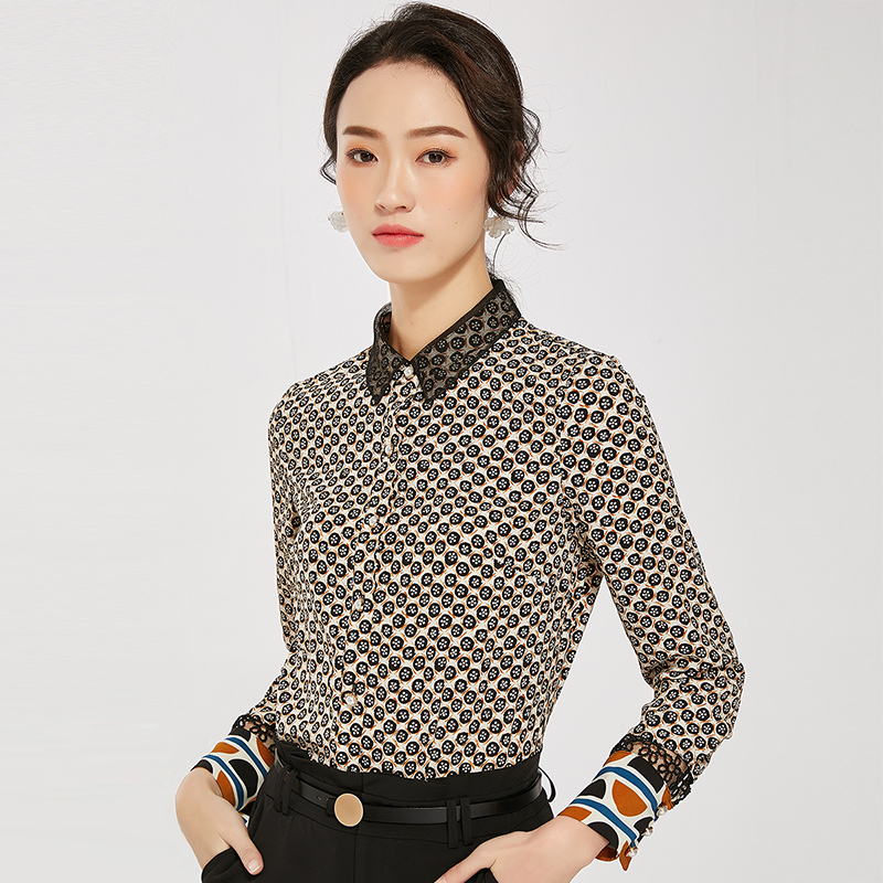 欧昵雪2020春装新款网纱Polo领长袖显瘦印花衬衫女小众时尚上衣